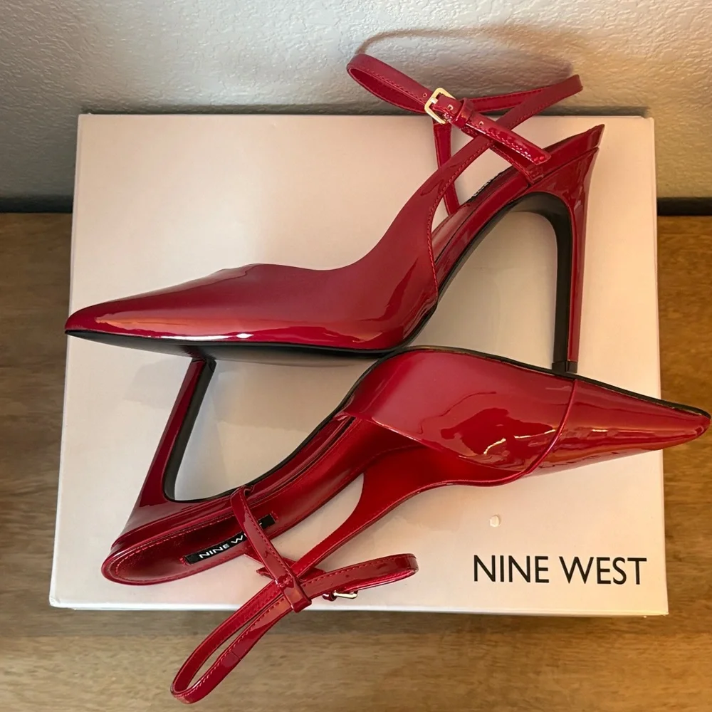 Nine West Red Patent Pointed-Toe Stiletto Heels with Ankle Straps - Picture 3 of 8
